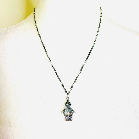 Silver Tone Bird House Double Sided Pendant Necklace - Picture 1 of 3